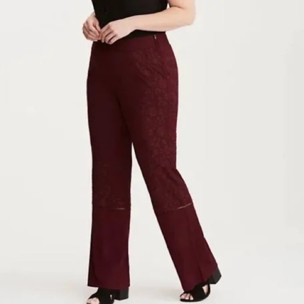 Torrid Insider Collection Burgundy Floral Embroidered Flare Pants in Size 10